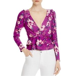 ANTHROPOLOGIE Rahi Wren Brit Floral Print Blouse Sz XS Purple Ruffle Romantic